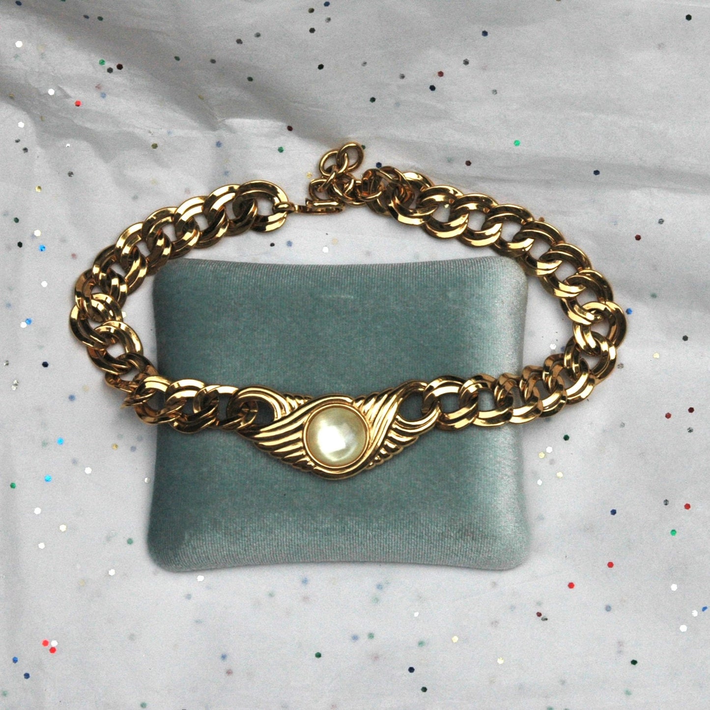 Vintage 1980s Monet Gold Tone Mother of Pearl Choker Necklace