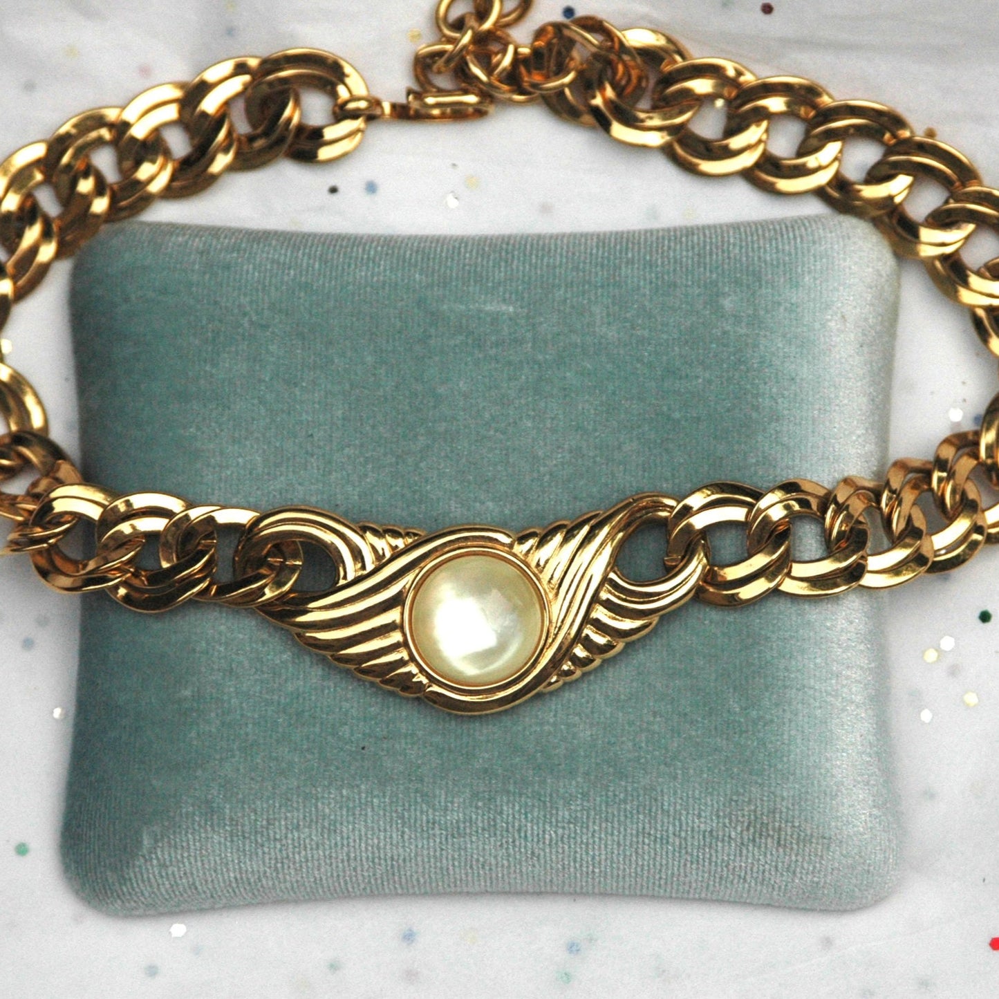 Vintage 1980s Monet Gold Tone Mother of Pearl Choker Necklace