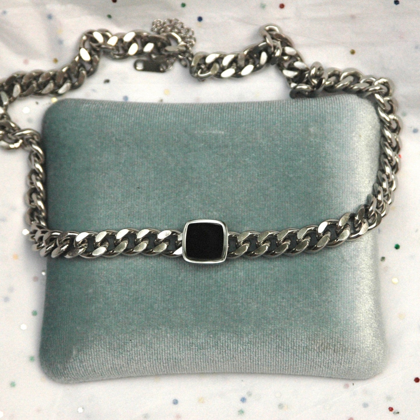 Silver Cuban Link Necklace with Black Square Detail