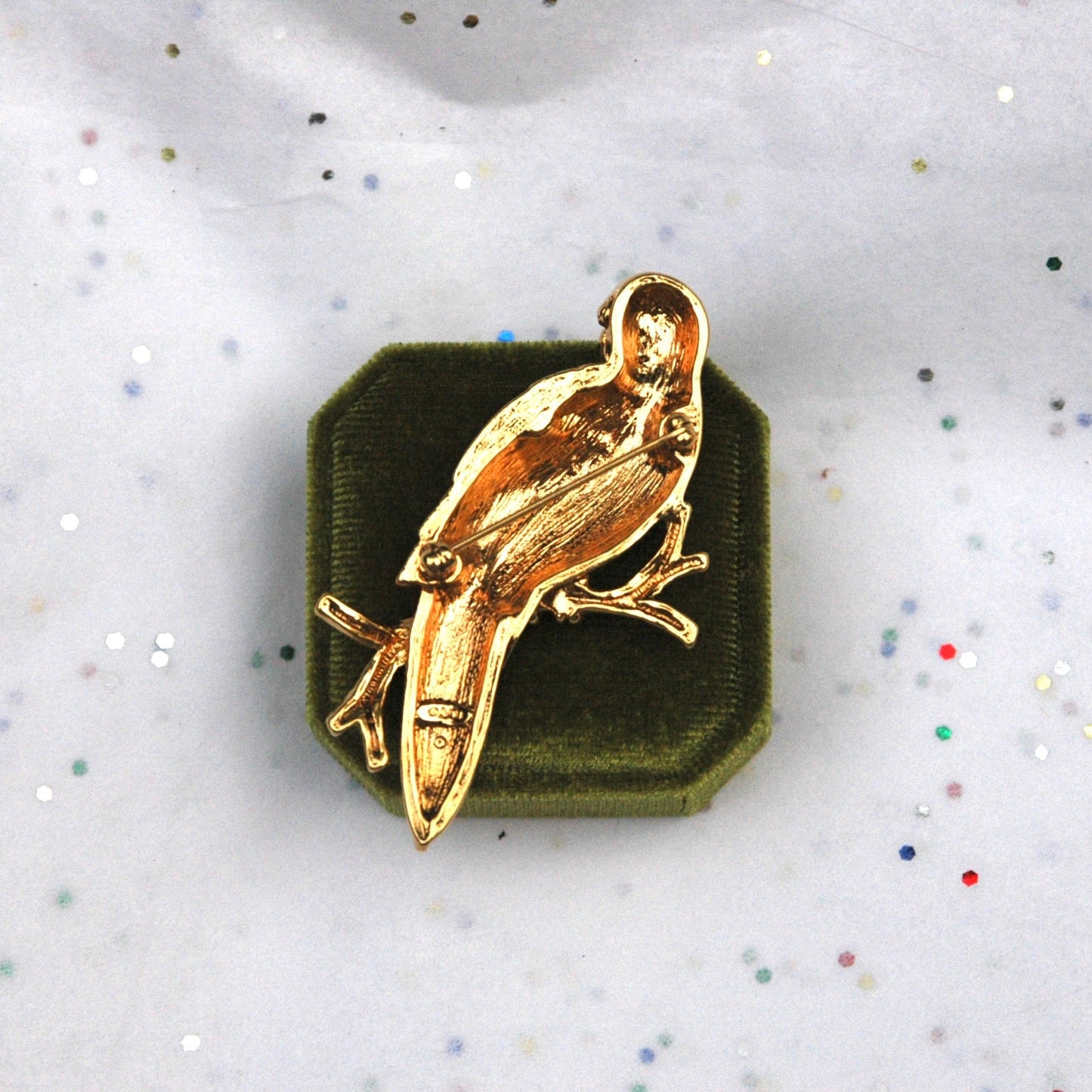 Vintage Gold Tone Avon Green Bird Rhinestone Brooch