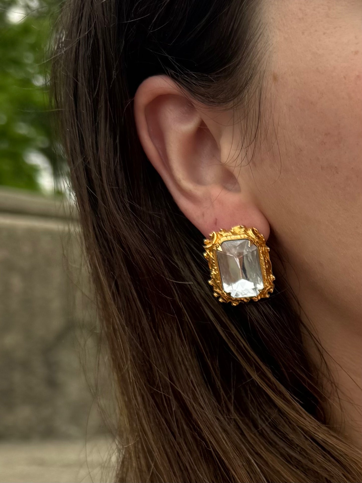 Vintage Gold Tone Square Rhinestone Post Earrings