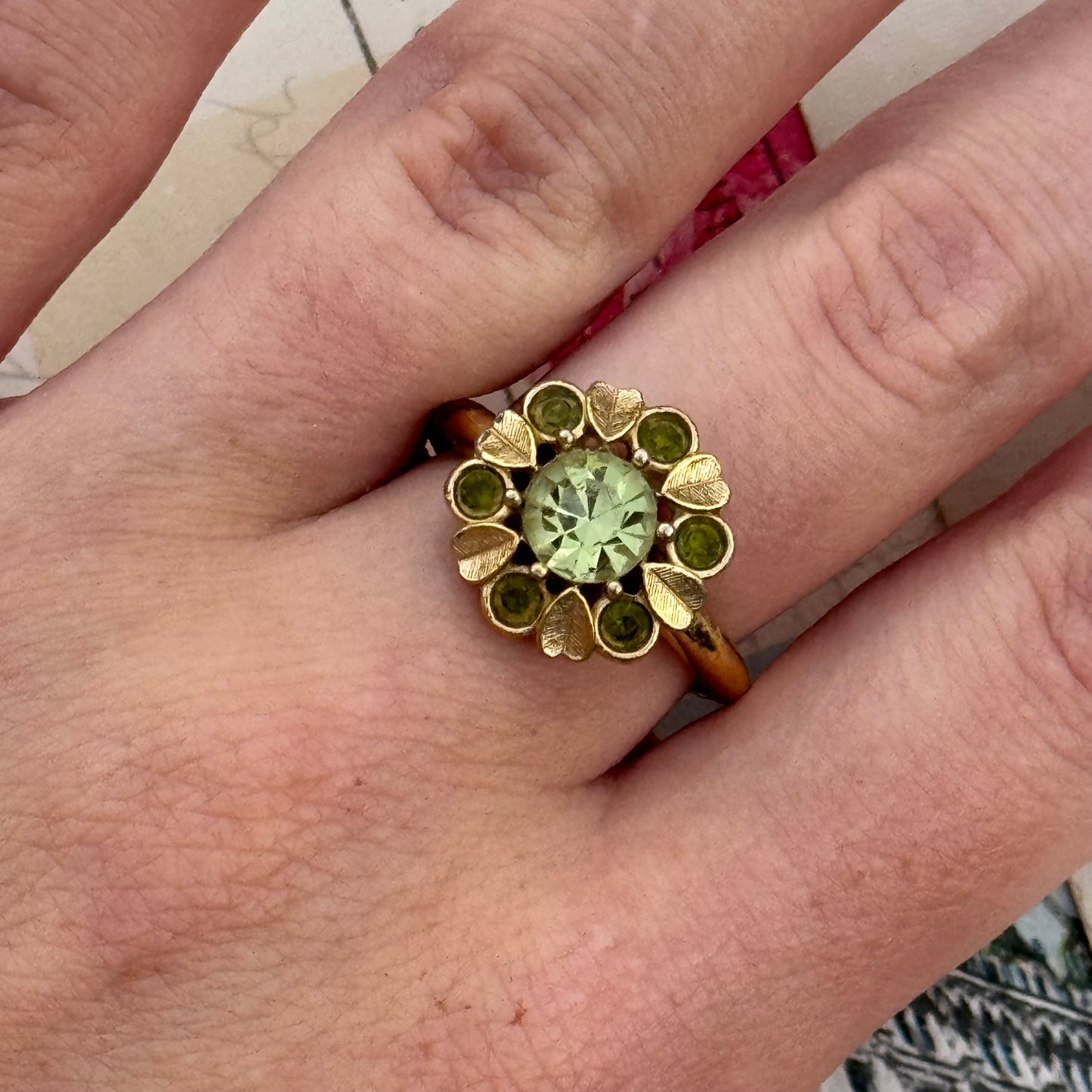 Vintage Green Rhinestone Gold Tone Avon Ring