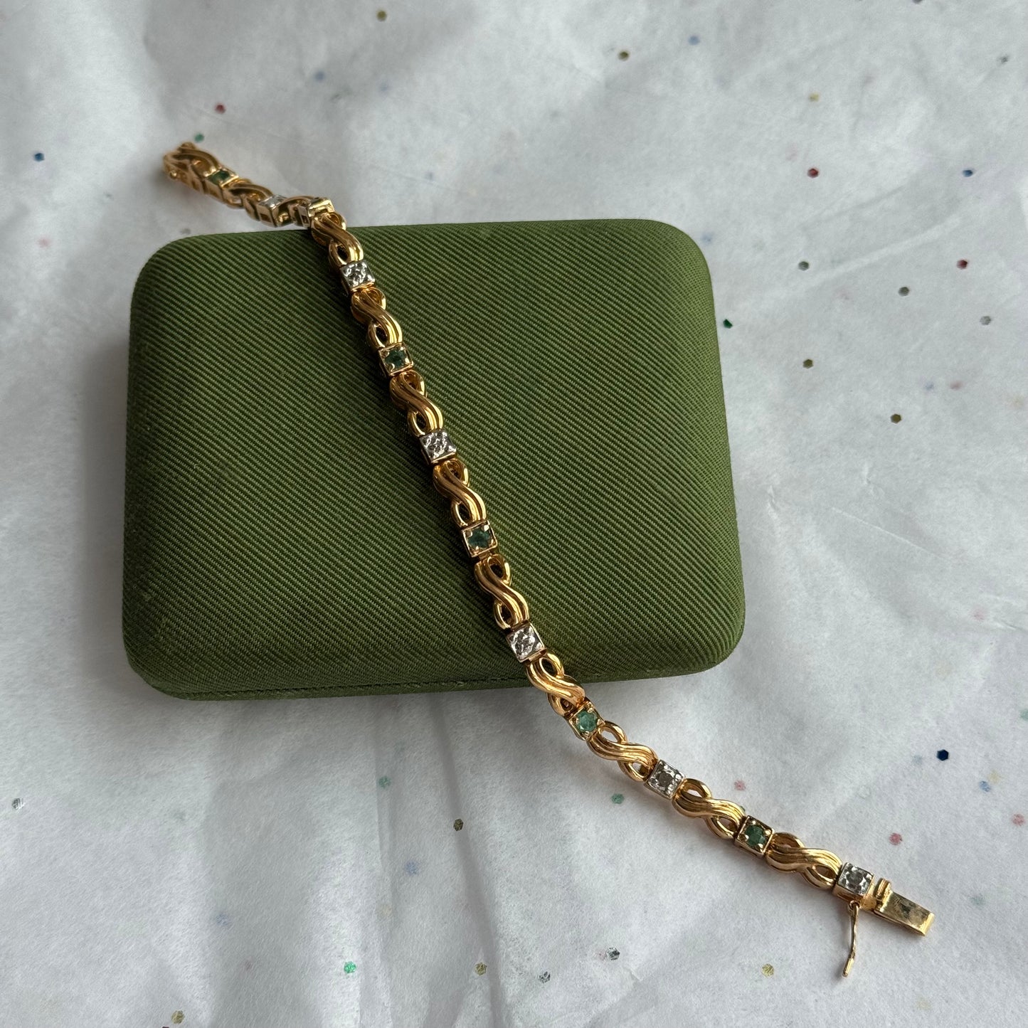 Vintage Sterling Silver Gold Vermeil Faux Emerald Rhinestone Tennis Bracelet