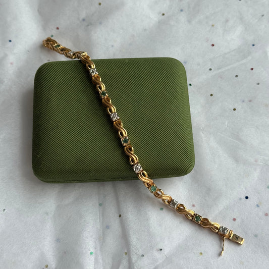 Vintage Sterling Silver Gold Vermeil Faux Emerald Rhinestone Tennis Bracelet