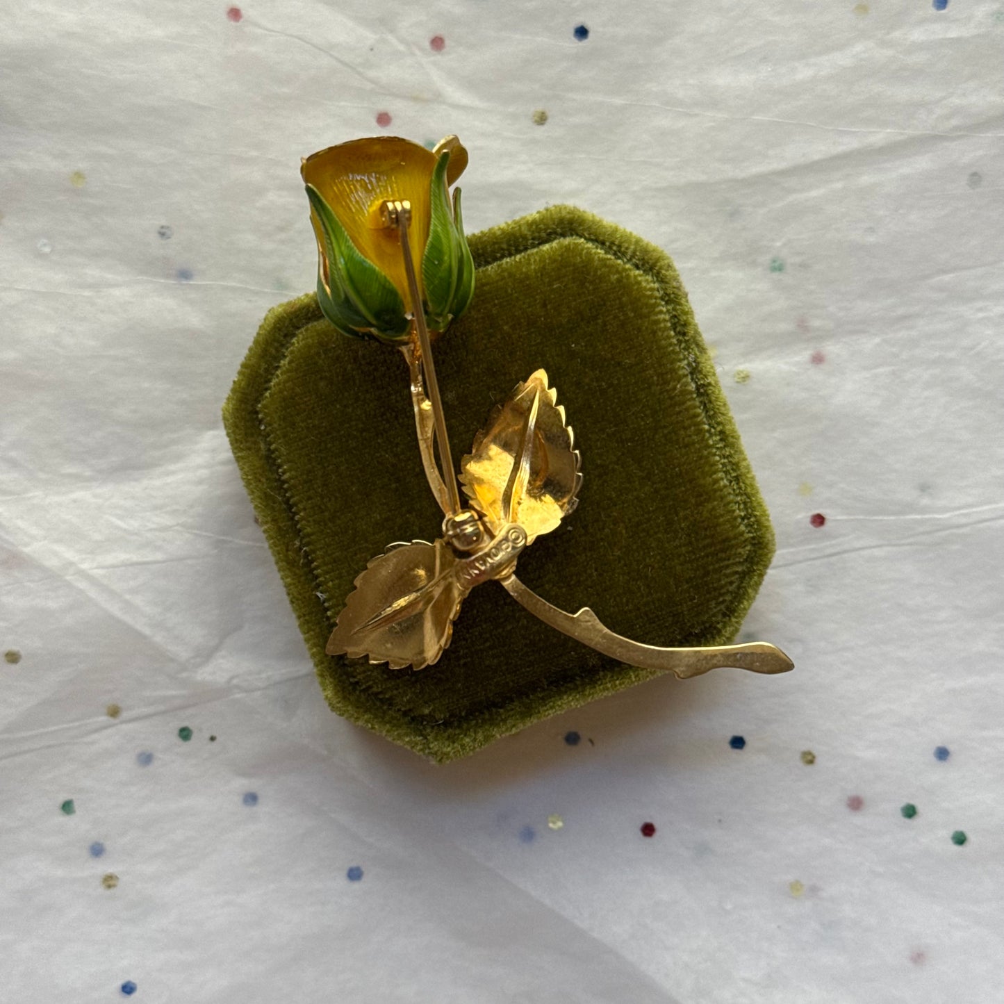 Vintage Gold Enamel Yellow Rose Brooch