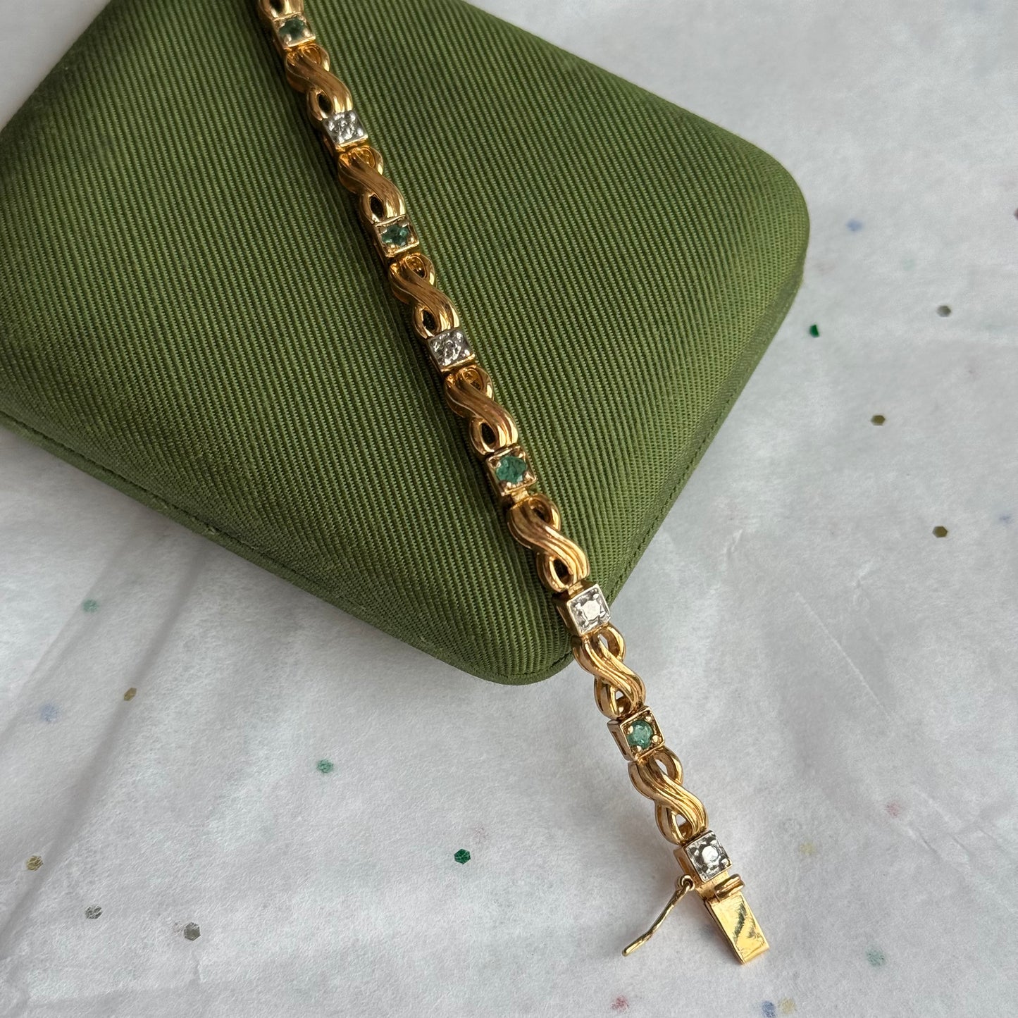 Vintage Sterling Silver Gold Vermeil Faux Emerald Rhinestone Tennis Bracelet