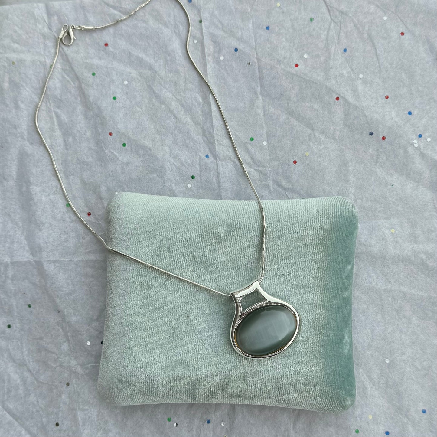 Vintage Light Blue Stone Cabochon Silver Pendant Necklace