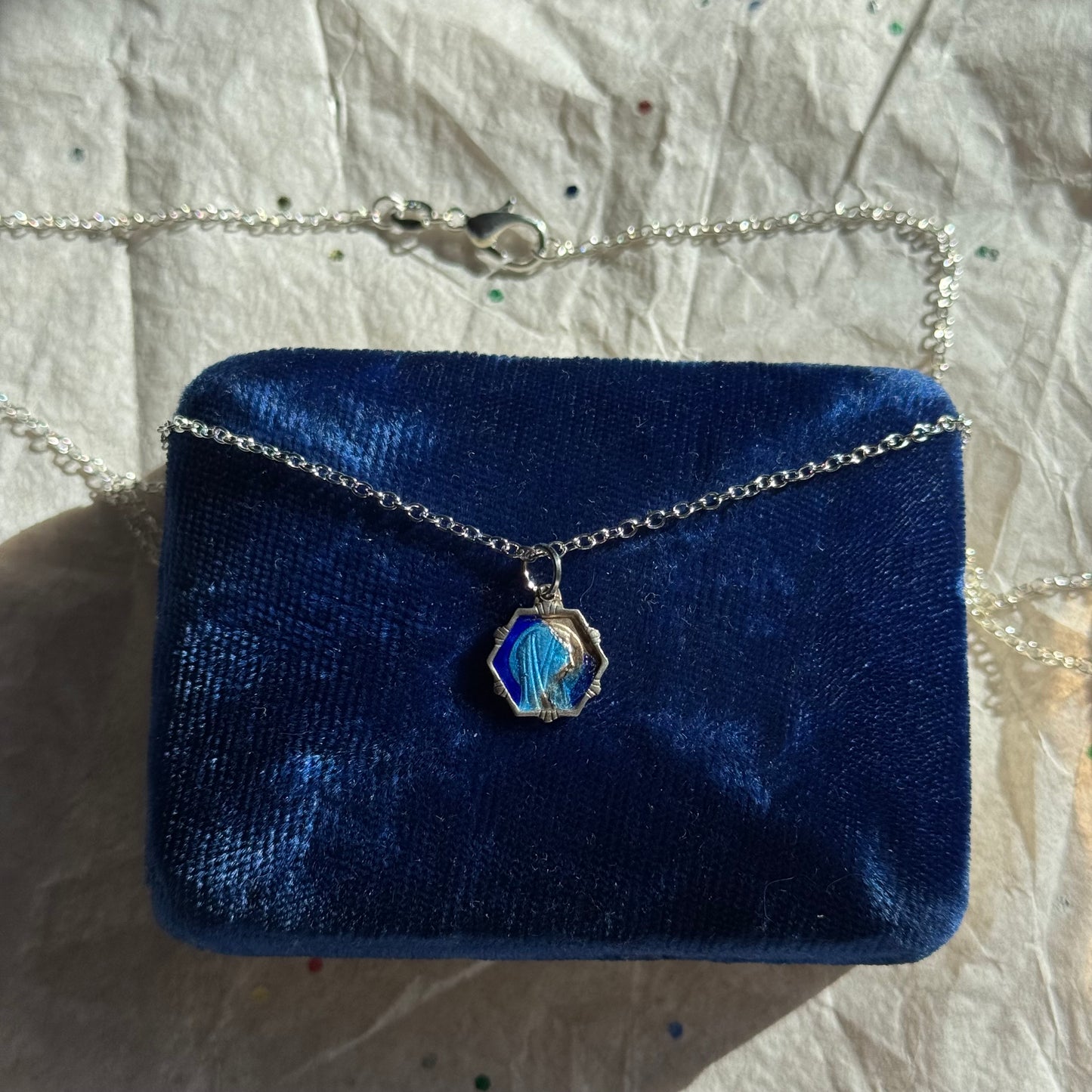 Vintage Our Lady of Lourdes Blue Enamel Necklace - Sourced in Paris