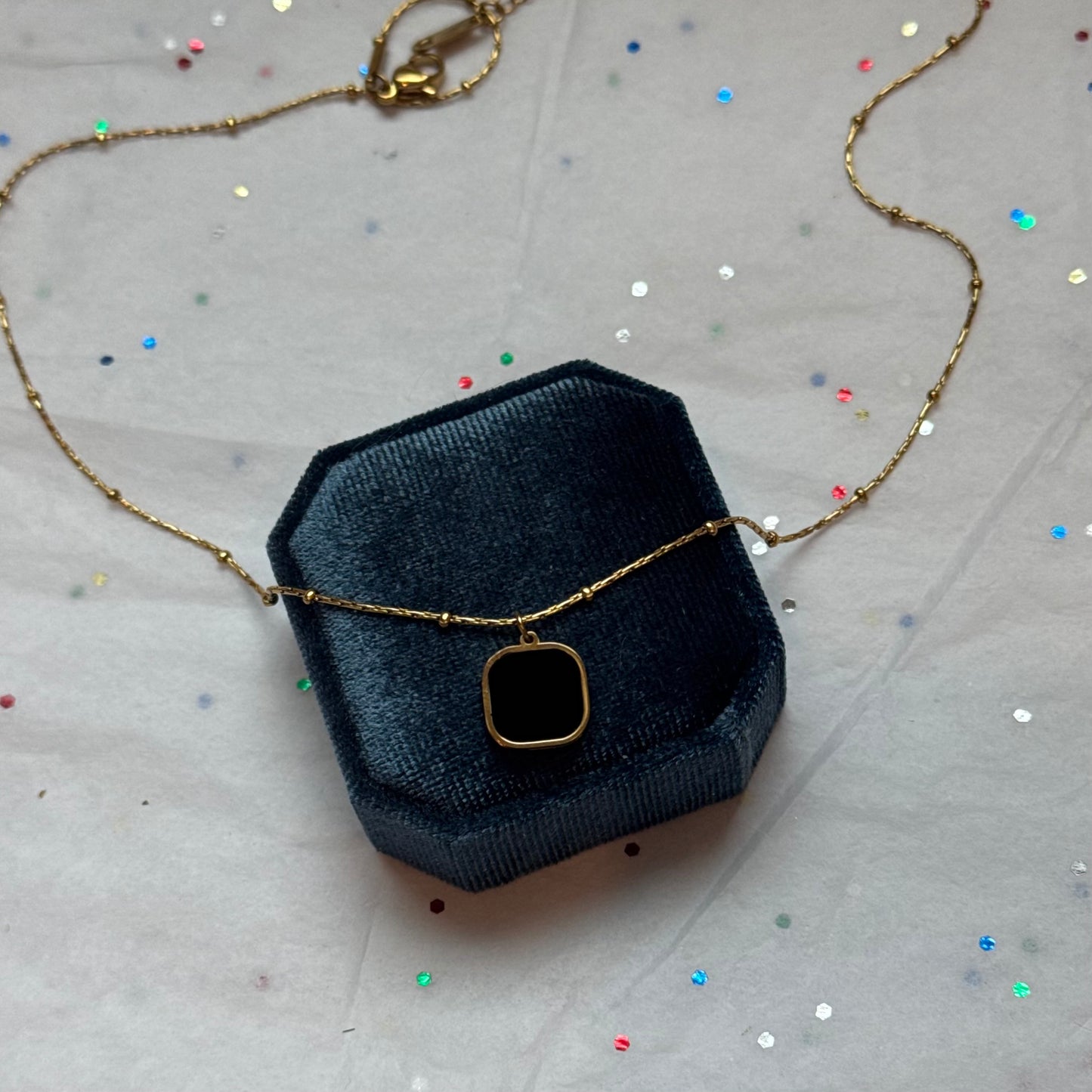 Gold Black Enamel Square Pendant Necklace
