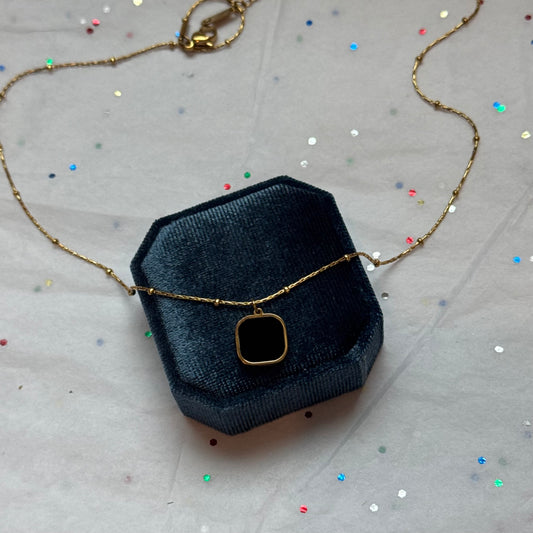 Gold Black Enamel Square Pendant Necklace