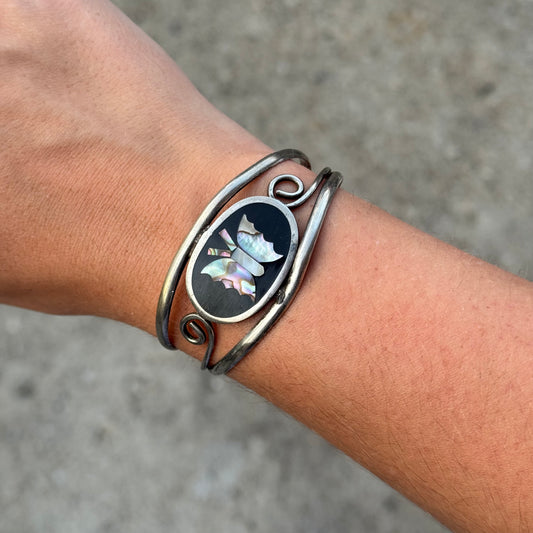 Vintage Black & Mother of Pearl Butterfly Inlay Silver Bracelet