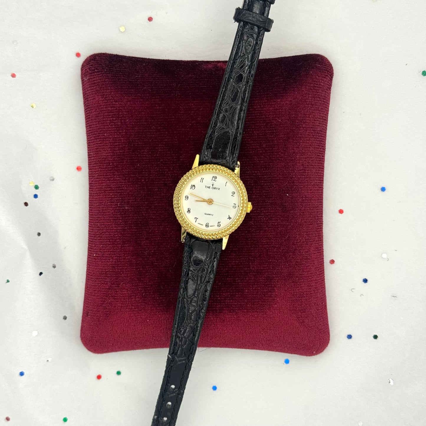 Vintage Gold & Black Leather Watch