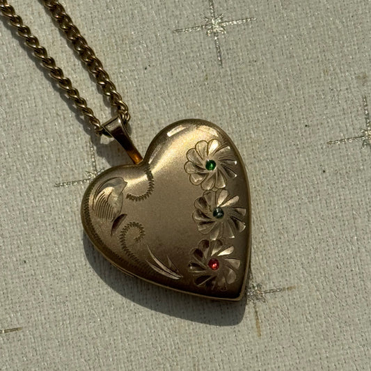 Vintage Gold-Filled Heart Locket Pendant Necklace with Multicolored Flowers