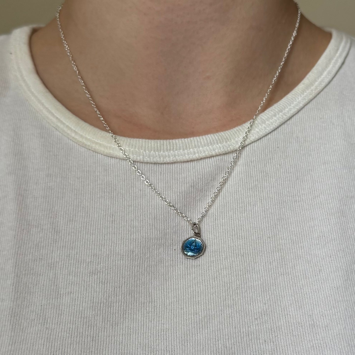 Vintage Silver Blue Enamel Mary Necklace - Sourced in Paris