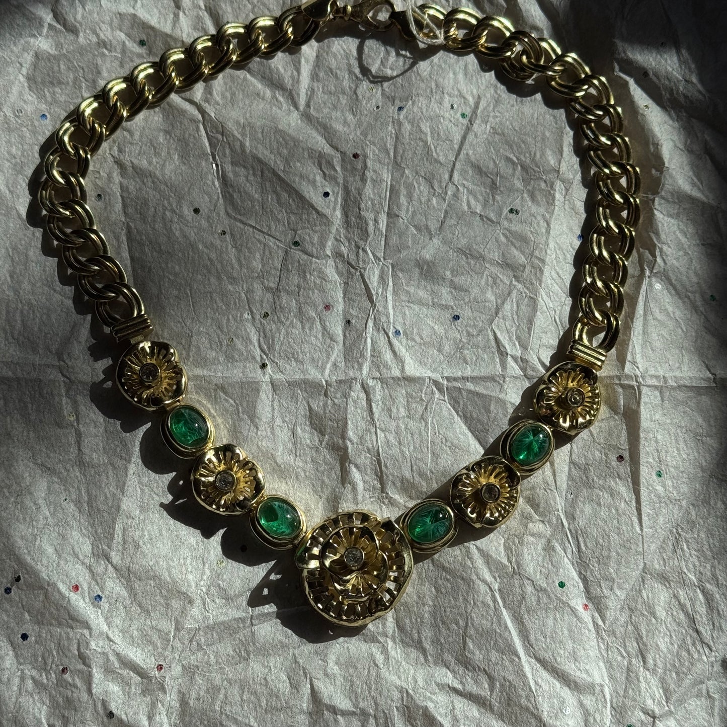 Vintage Gold Necklace with Rhinestones & Green Scarab Stones - Sourced in Paris