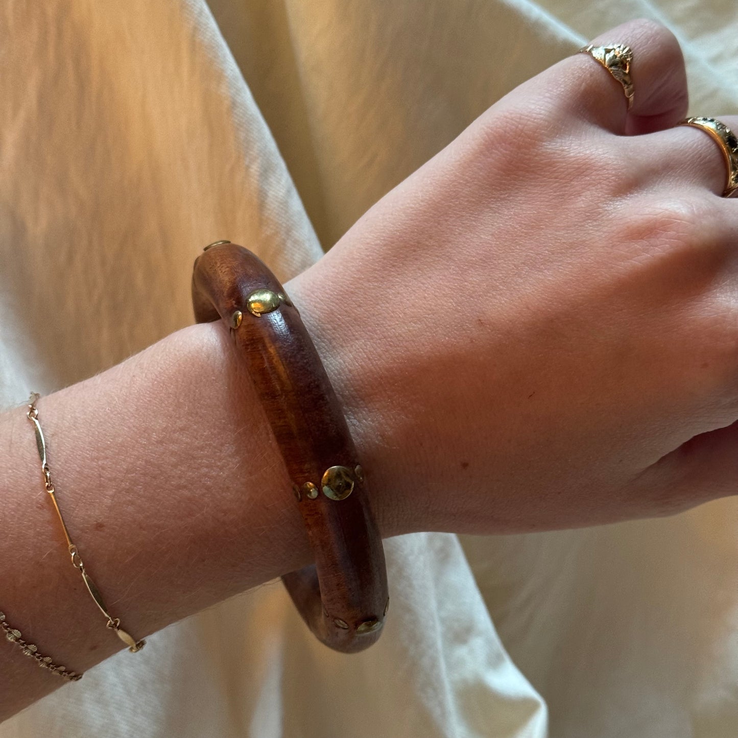 Vintage Wood & Brass Bangle Bracelet