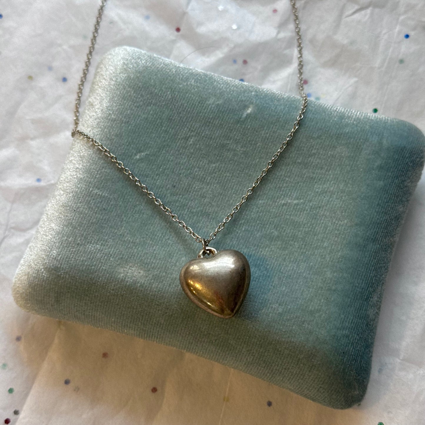 Vintage Silver Puffy Heart Pendant Necklace