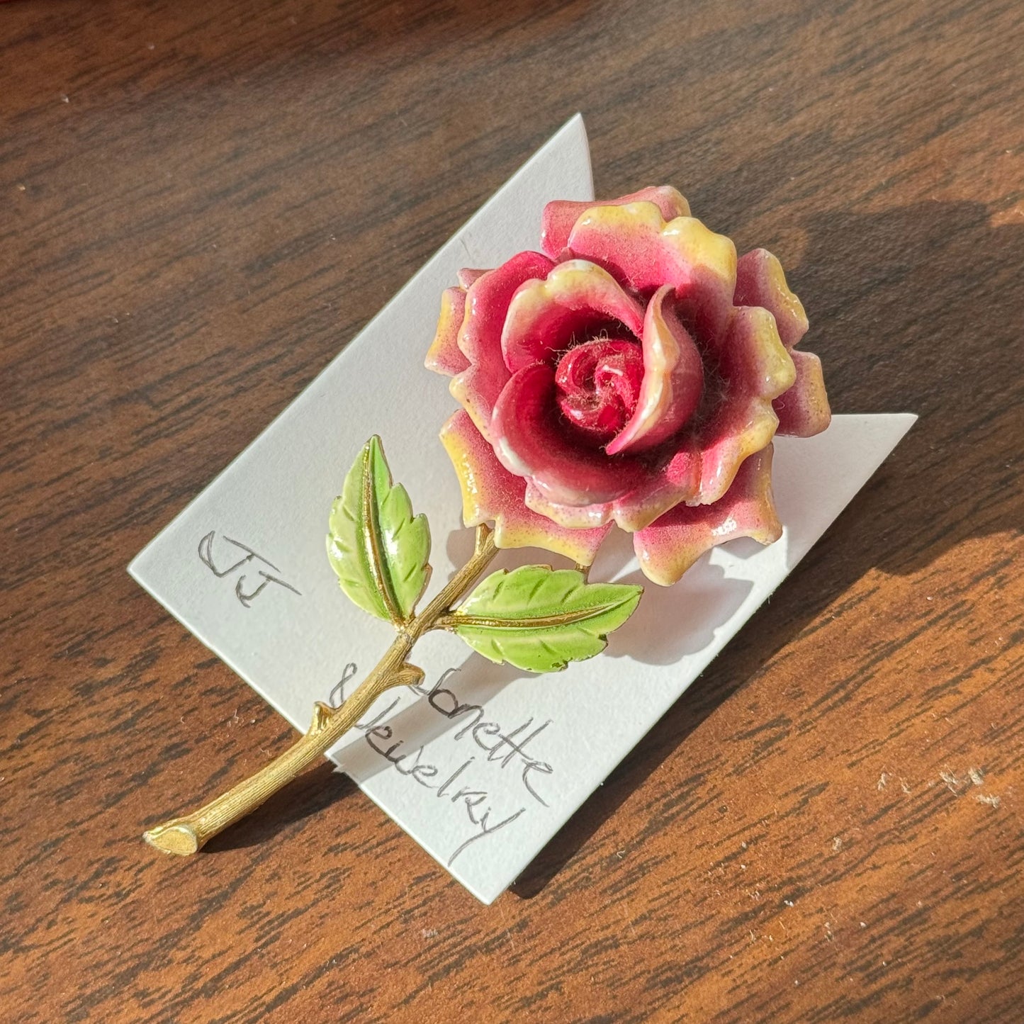 Vintage Gold Enamel Pink Rose Brooch