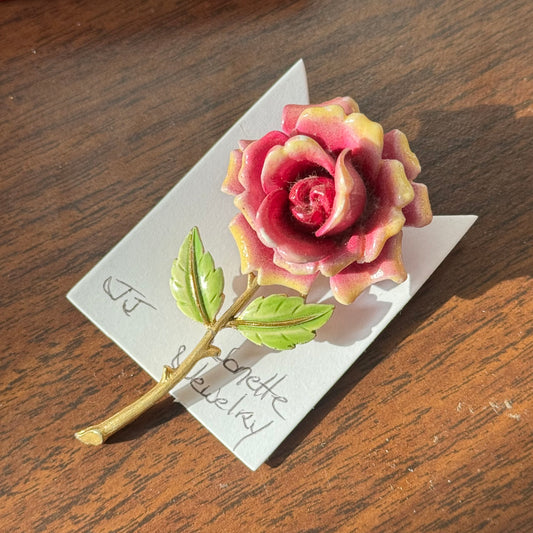 Vintage Gold Enamel Pink Rose Brooch