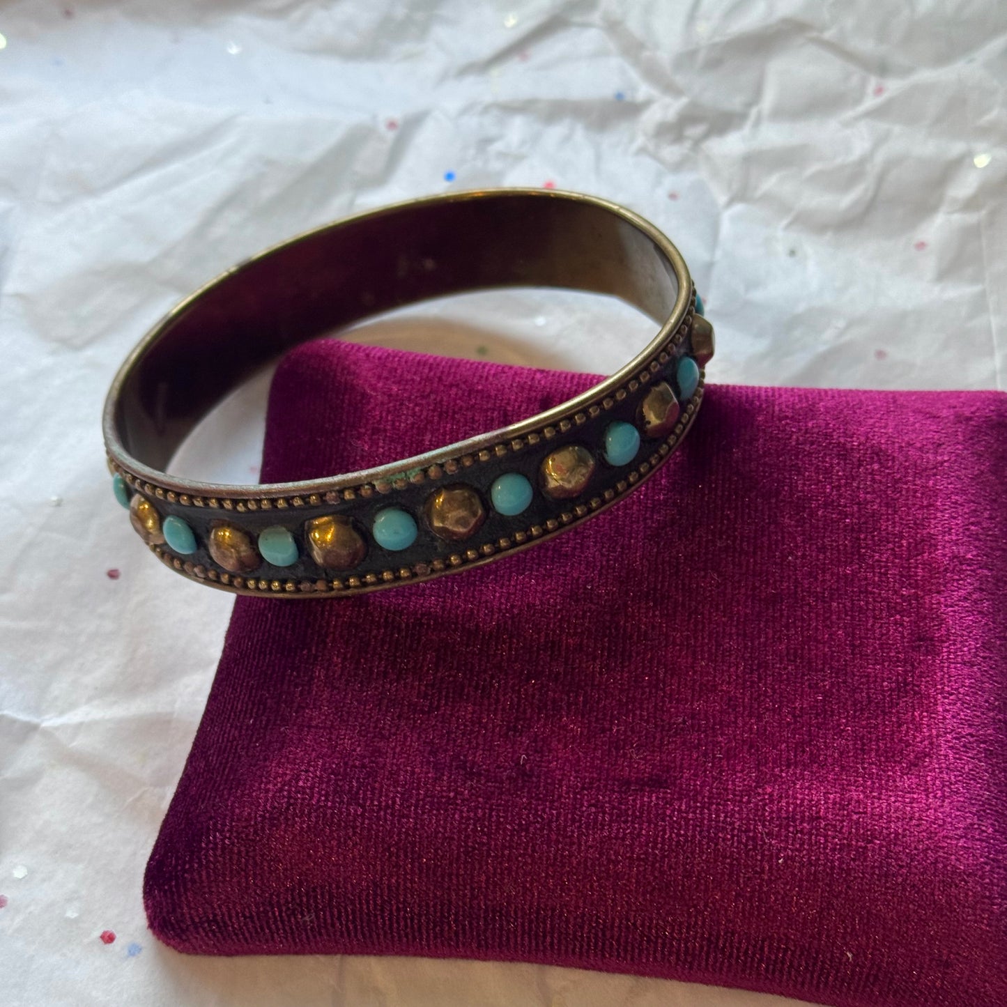 Vintage Studded Teal & Brass Bangle Bracelet