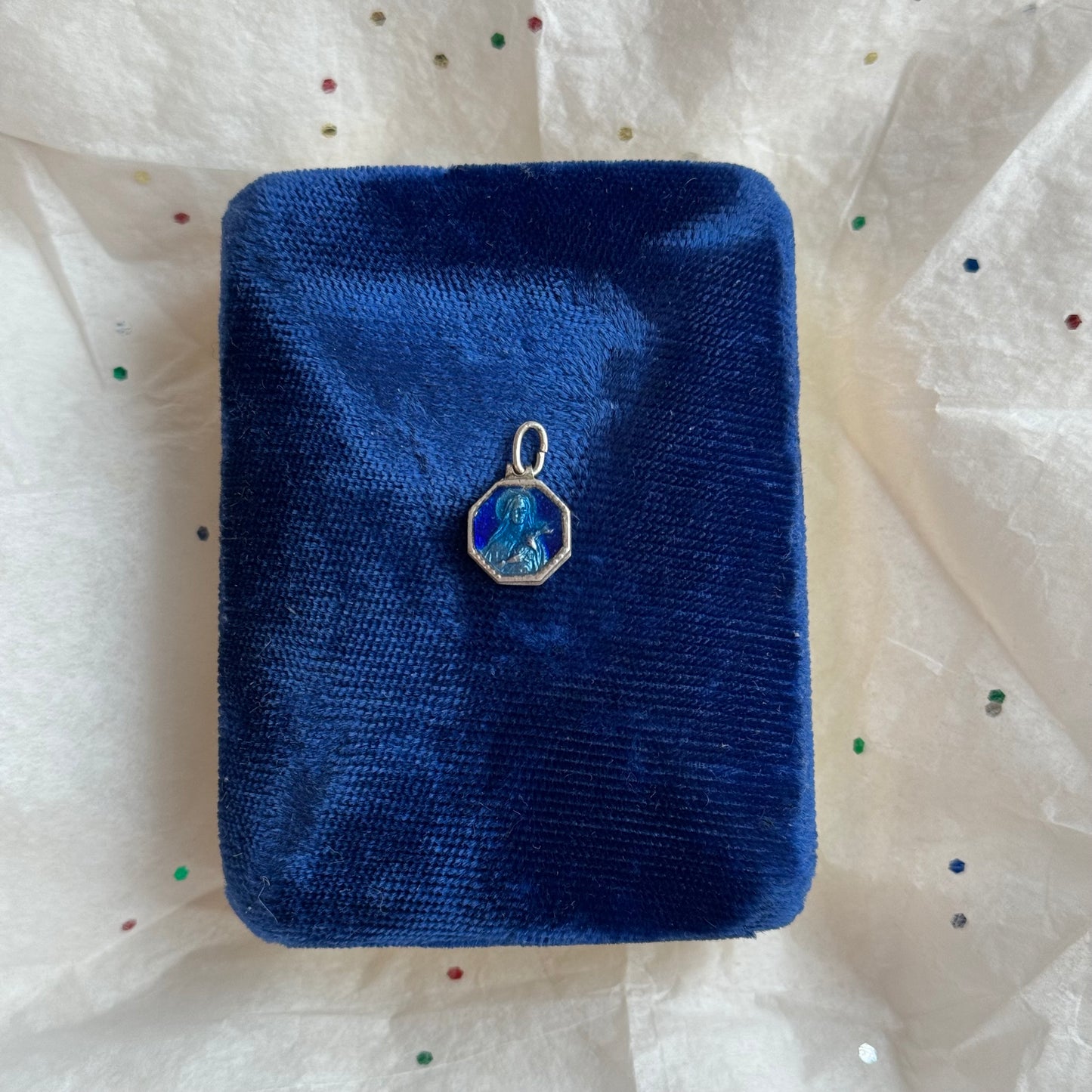 Vintage Silver Blue Enamel Mary Necklace - Sourced in Paris