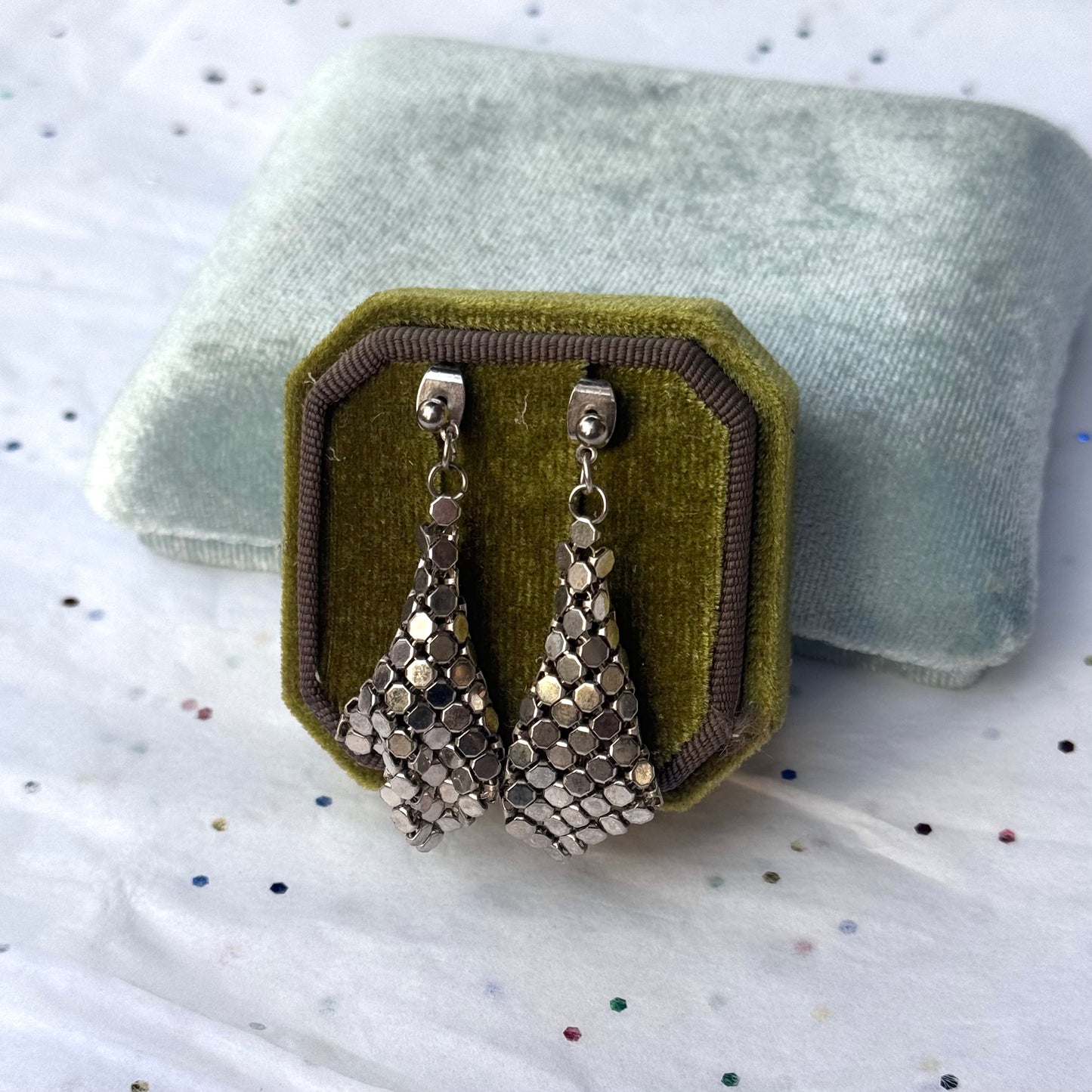 Vintage Silver Mesh Dangle Post Earrings