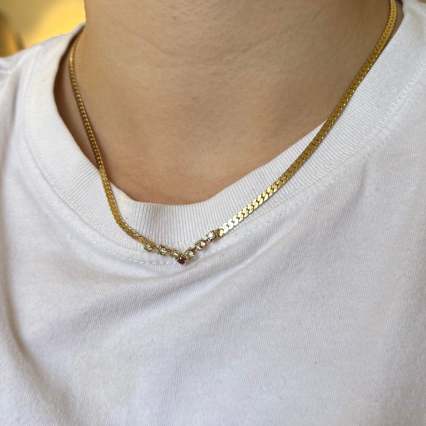 Vintage Rhinestone Necklace with Red Stone - Sourced in Paris