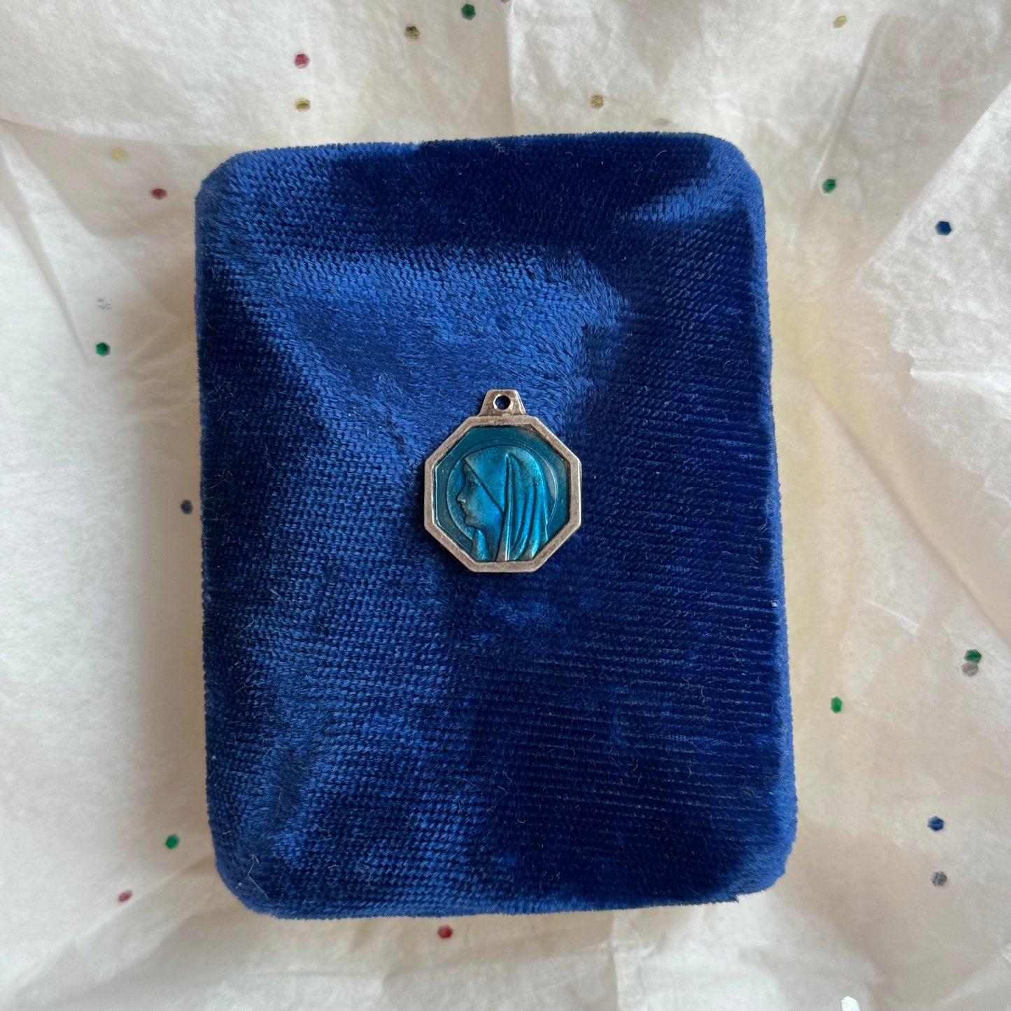 Vintage Sterling Silver Blue Enamel Our Lady of Lourdes Necklace - Sourced in Paris