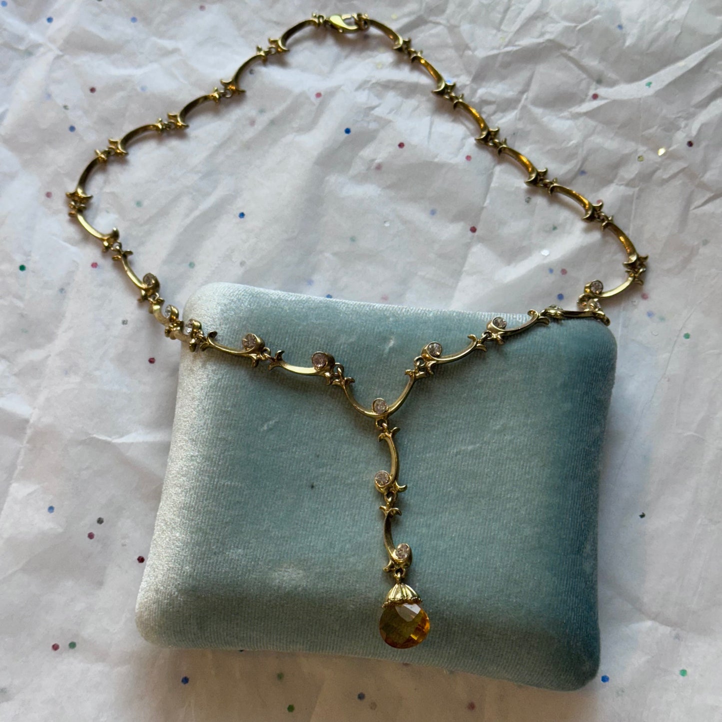 Vintage Gold Tone Rhinestone Teardrop Necklace