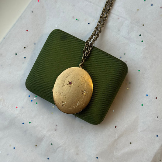 Vintage Floral Gold Locket with Pink Rhinestones