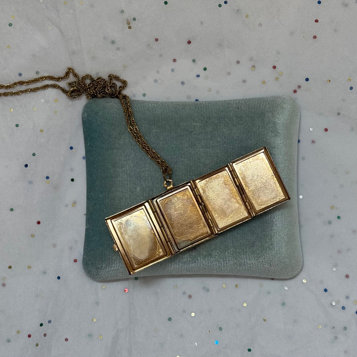 Vintage Gold Tone 4 Photo Square Locket Necklace