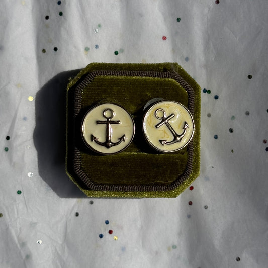 Vintage Nautical Gold Tone Anchor White Enamel Post Earrings