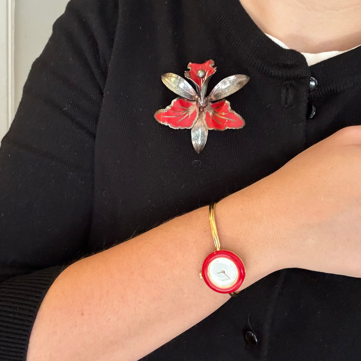 Vintage Red Enamel & Silver Orchid Brooch