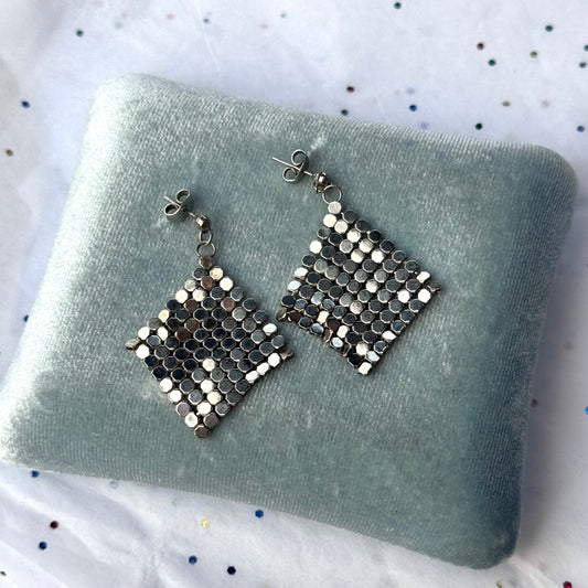 Vintage Silver Mesh Dangle Post Earrings