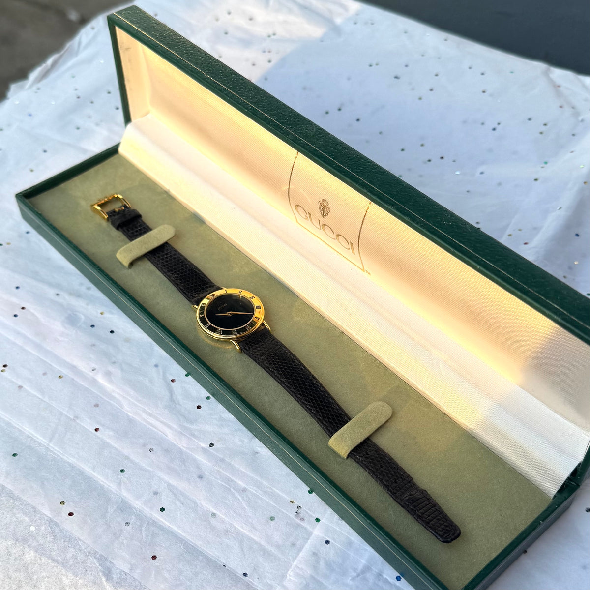 Vintage Working Black Gucci Leather Band Watch with Original Box