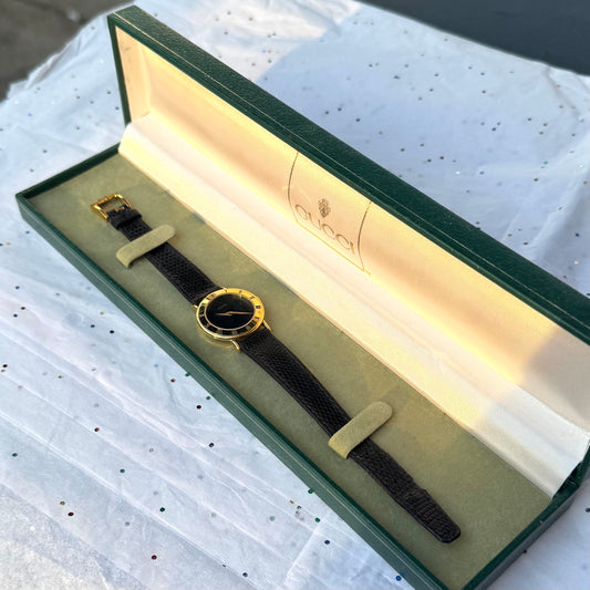 Vintage Working Black Gucci Leather Band Watch with Original Box