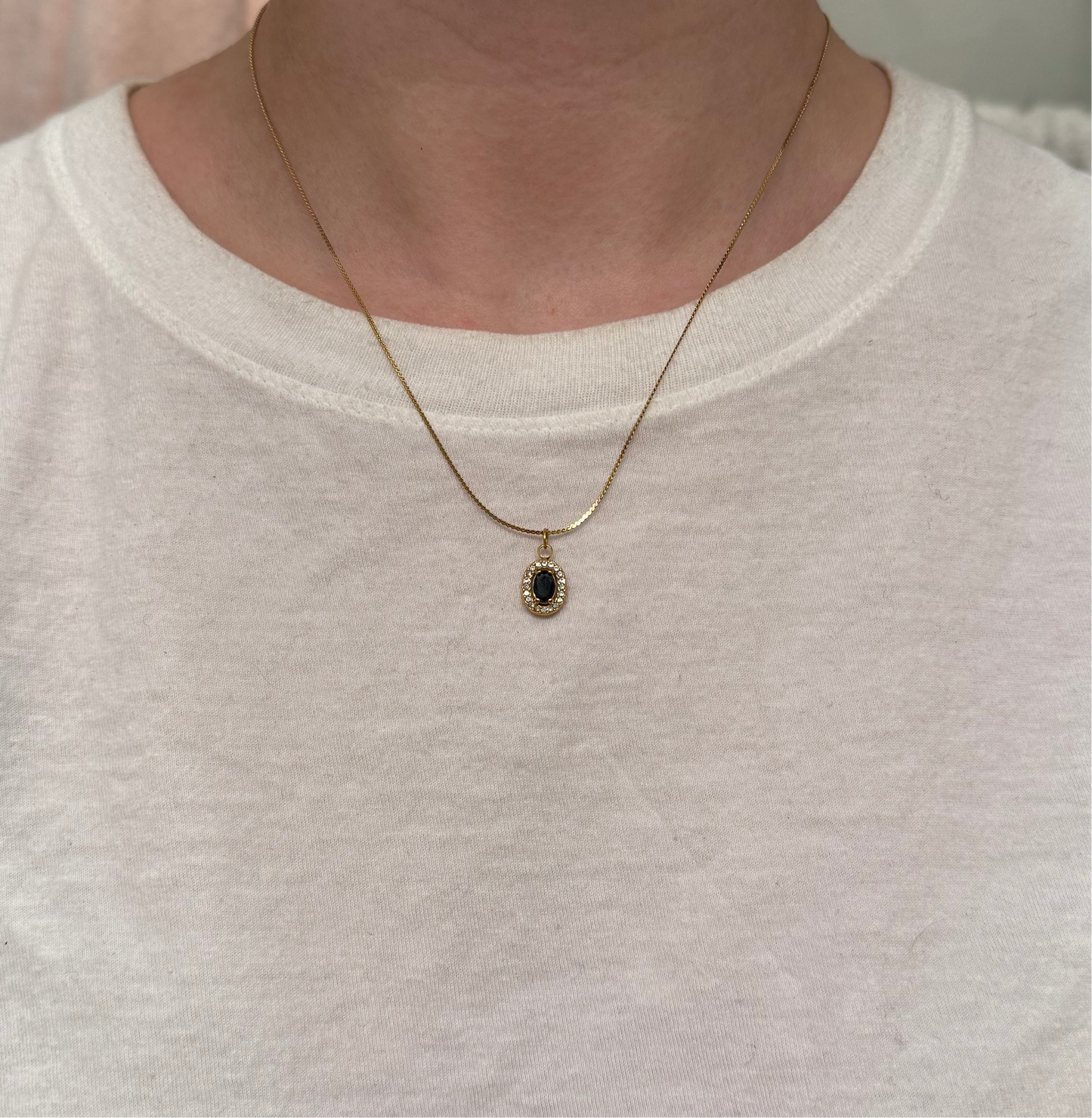 Gold Black Rhinestone Halo Pendant Necklace