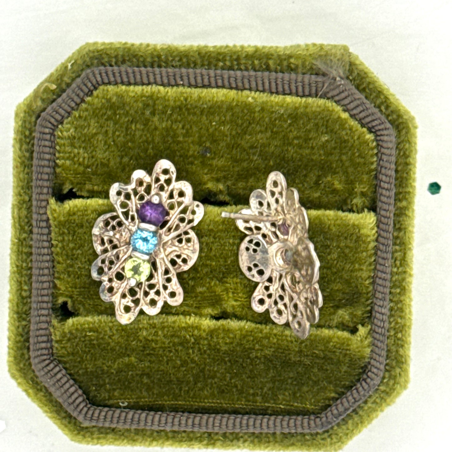 Vintage Sterling Silver Filigree Rhinestones Post Earrings