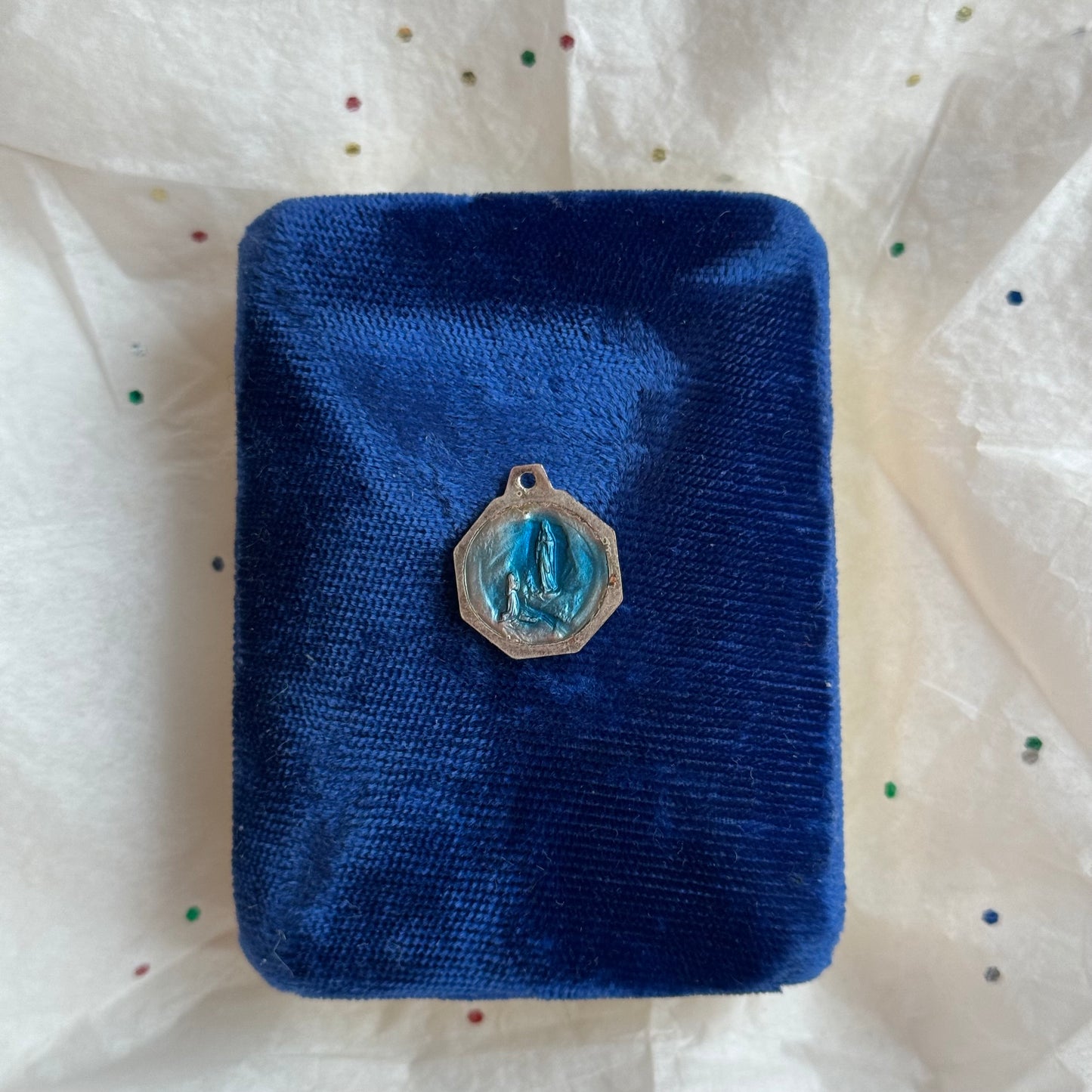 Vintage Sterling Silver Blue Enamel Our Lady of Lourdes Necklace - Sourced in Paris