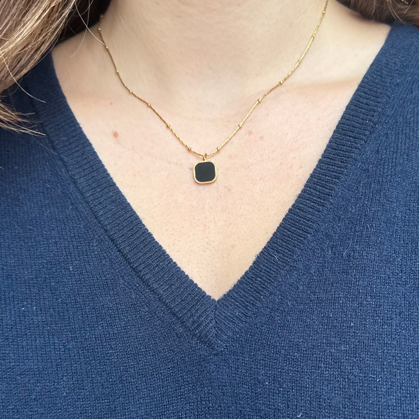 Gold Black Enamel Square Pendant Necklace