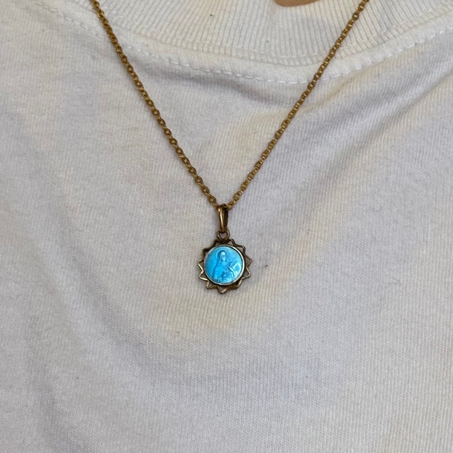 Vintage Gold Teal Enamel Mary Necklace - Sourced in Paris