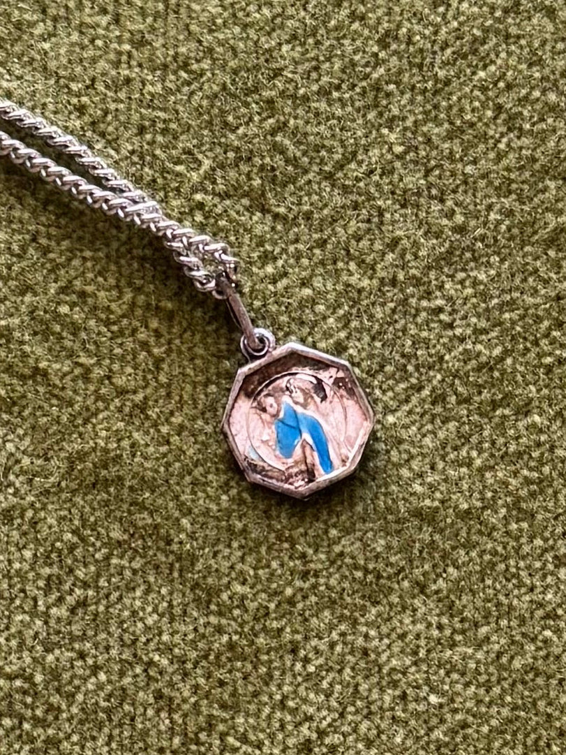 Vintage Silver Enamel Saint Necklace - Sourced in Paris