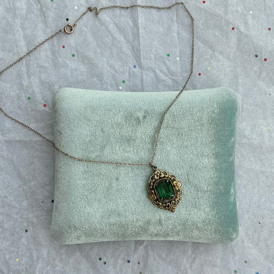 Vintage Gold-Filled Green Square Rhinestone Gilded Pendant Necklace