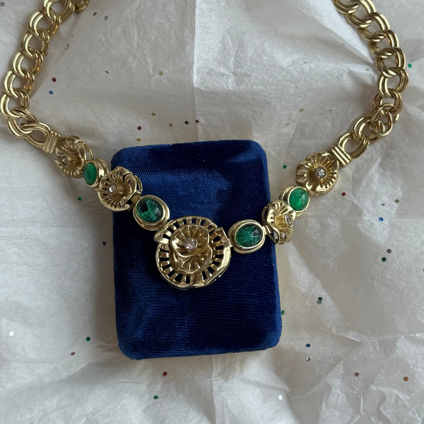 Vintage Gold Necklace with Rhinestones & Green Scarab Stones - Sourced in Paris