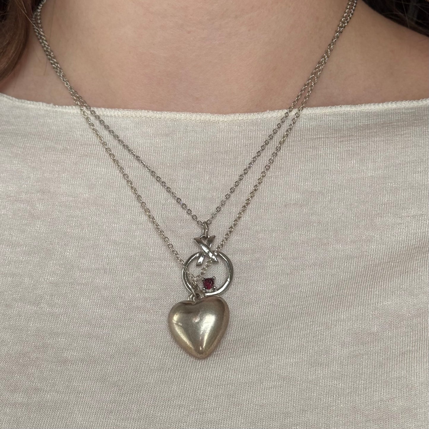 Vintage Silver Pendant Necklace with Red Rhinestone