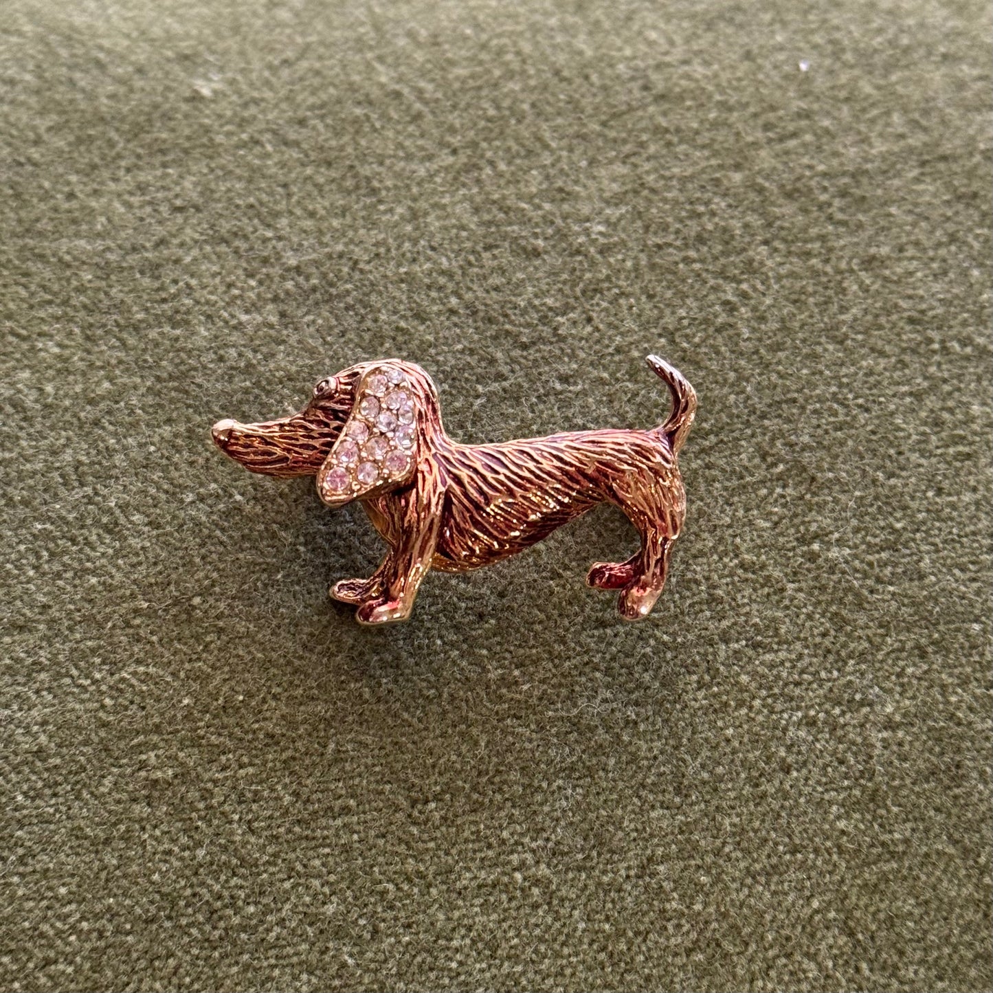 Vintage Gold Tone Dachshund Brooch with Rhinestones - Sourced in Paris