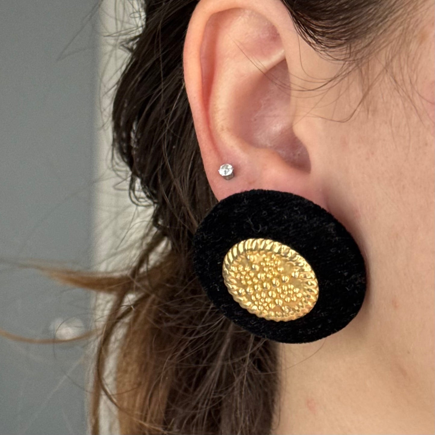 Vintage Black Velvet & Gold Statement Earrings