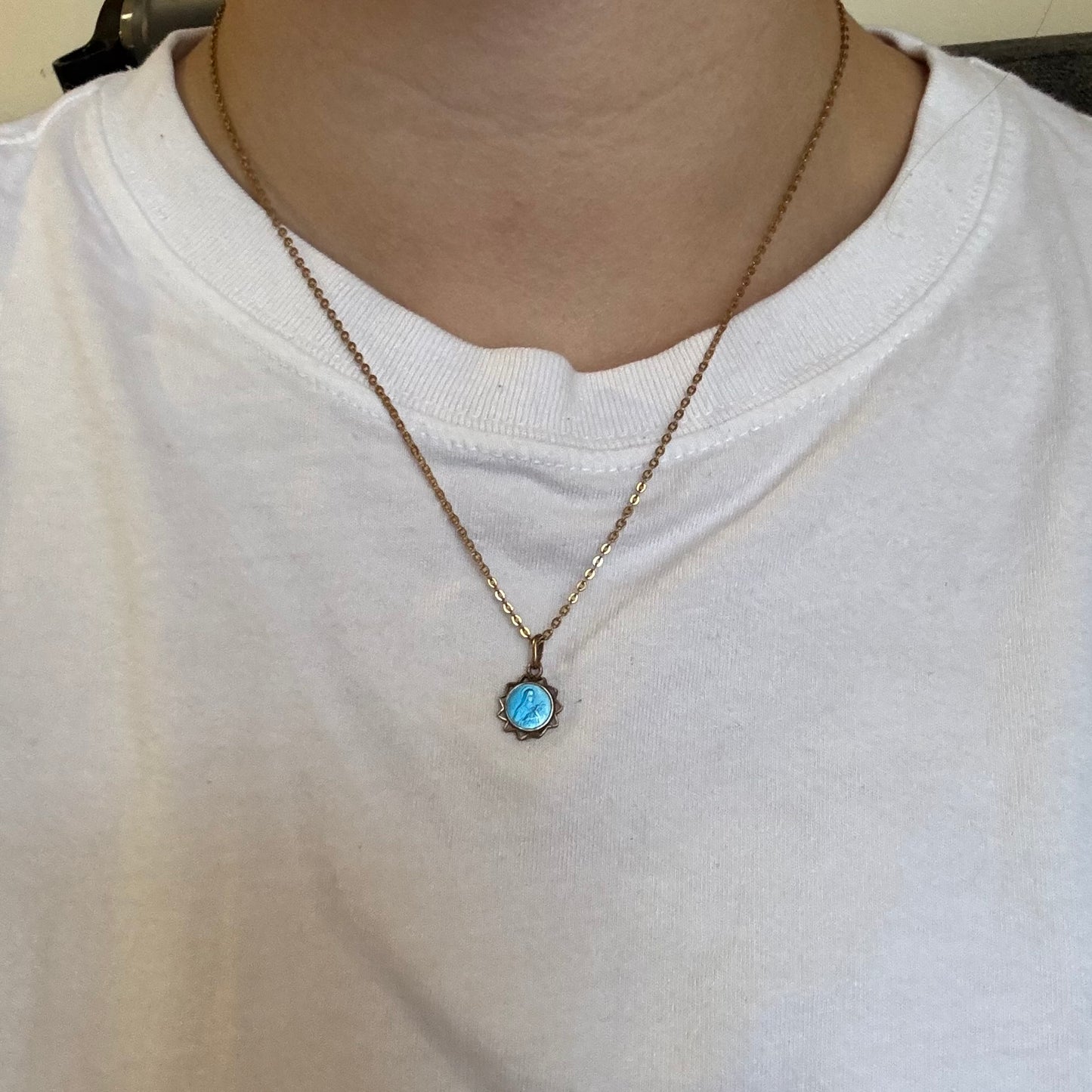 Vintage Gold Teal Enamel Mary Necklace - Sourced in Paris