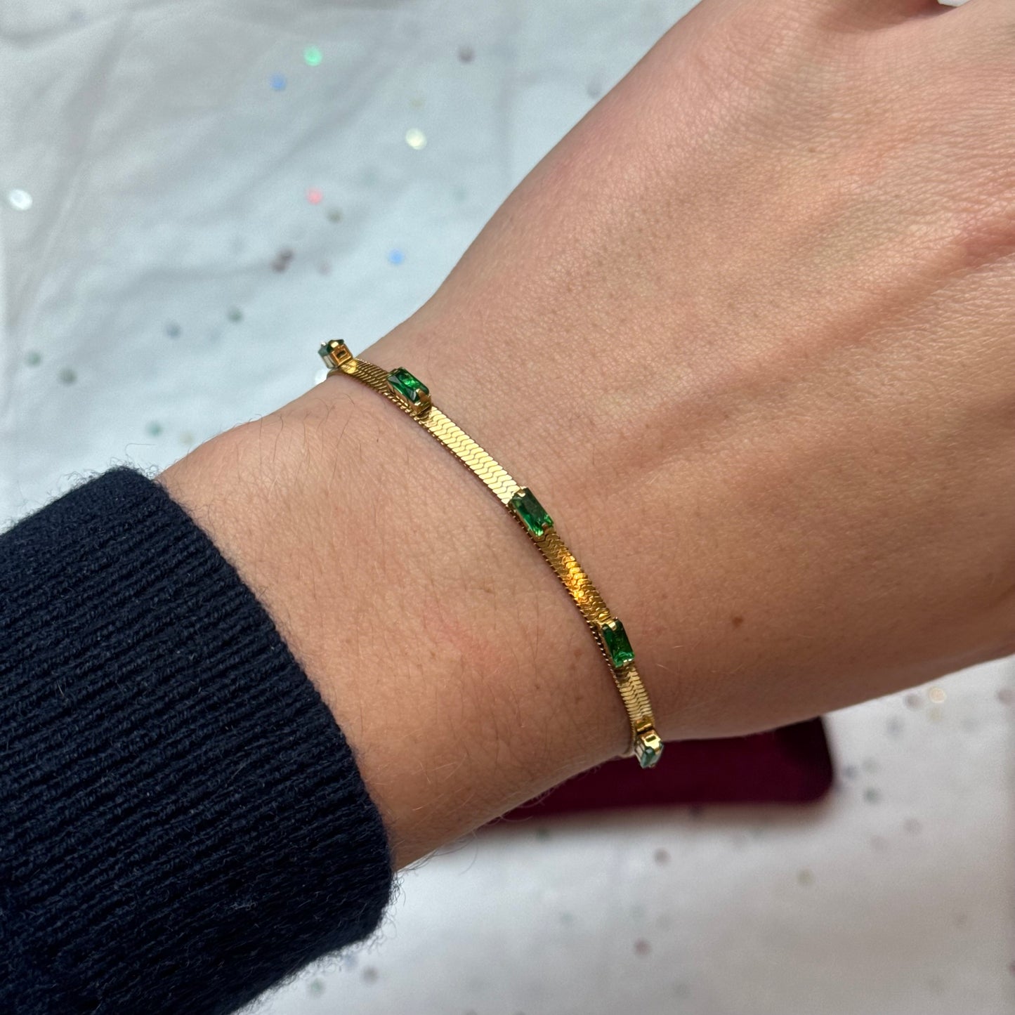 Gold Herringbone Bracelet with Green Rhinestones