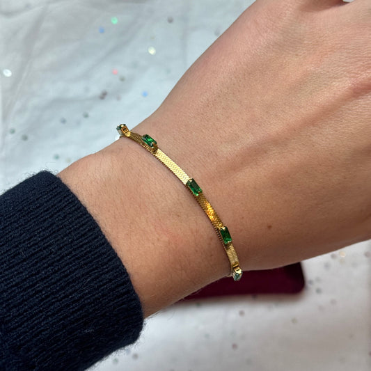 Gold Herringbone Bracelet with Green Rhinestones
